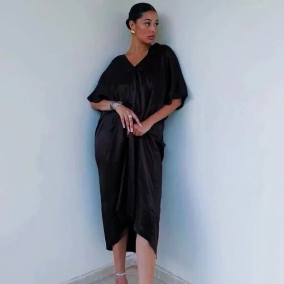 Zara Dresses & Skirts - Zara Black Satin Effect V-Neck Tunic Dress